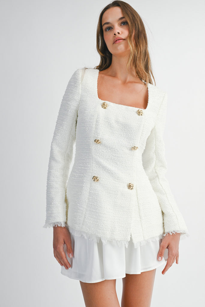White Skirt Set With Tweed and Gold Buttons, Mini Skirt